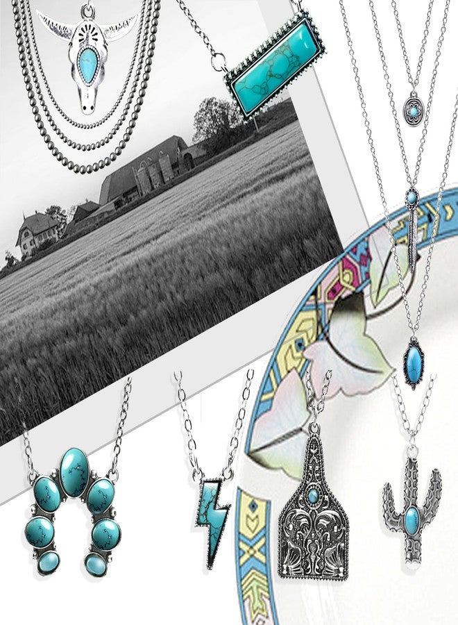 FEXICHUJI 8 Pcs Western Jewelry for Women with Navajo Pearl Necklace, Turquoise Pendant Necklace in Different Themes, Boho Country Western Jewelry Set for Cowgirls - Image 3